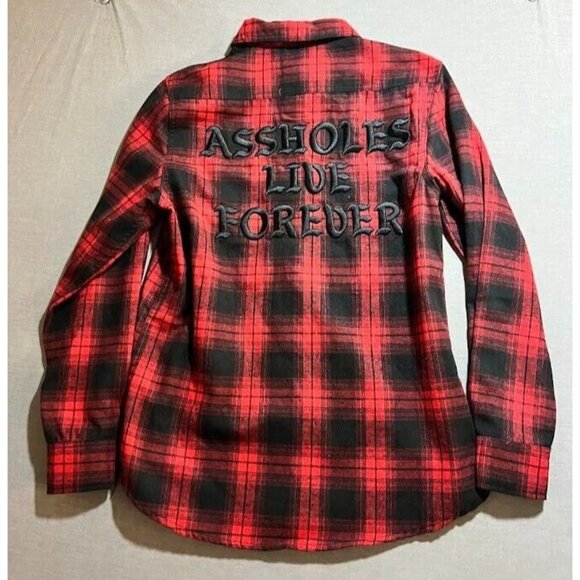 A$$holes Live Forever Flannel Shirt Adult S Red Plaid Button Up Long Sleeve Mens - Picture 8 of 9
